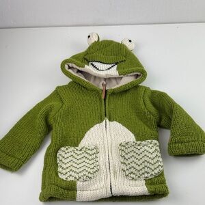 KYBER Outerwear Kids Wool Blend Green Frog Hooded Knit Sweater Jacket